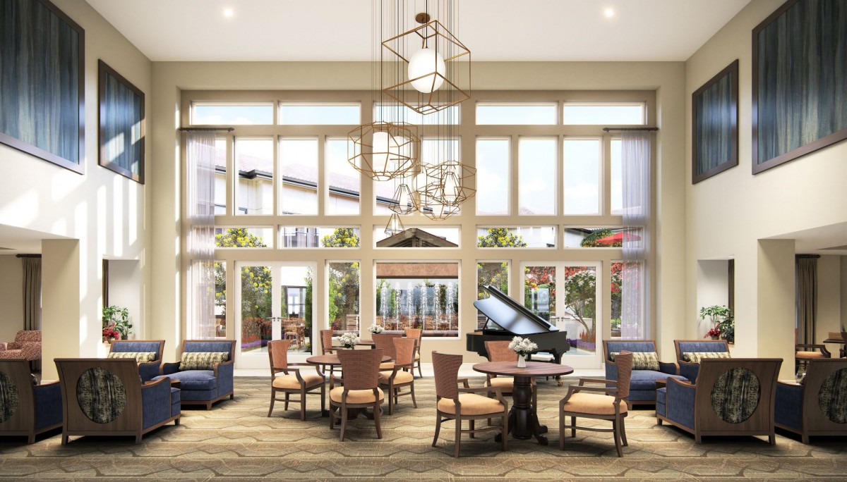 A spacious and elegant dining area featuring large windows, a grand piano, and modern furnishings.