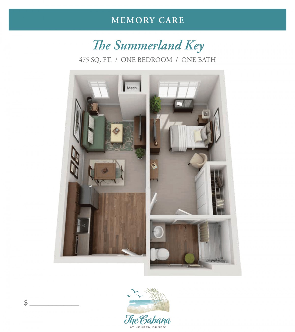 A detailed floor plan of a residential apartment, featuring separate areas for the kitchen, living room, bedroom, and bathroom.
