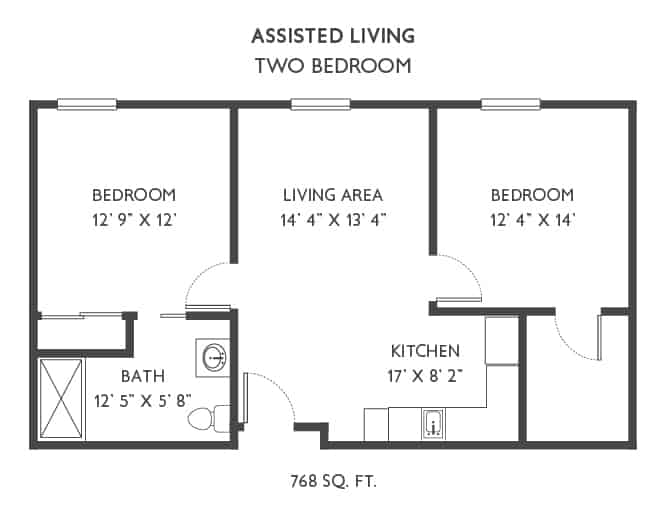 A floor plan of a two-bedroom assisted living space, detailing the layout and dimensions of each room.