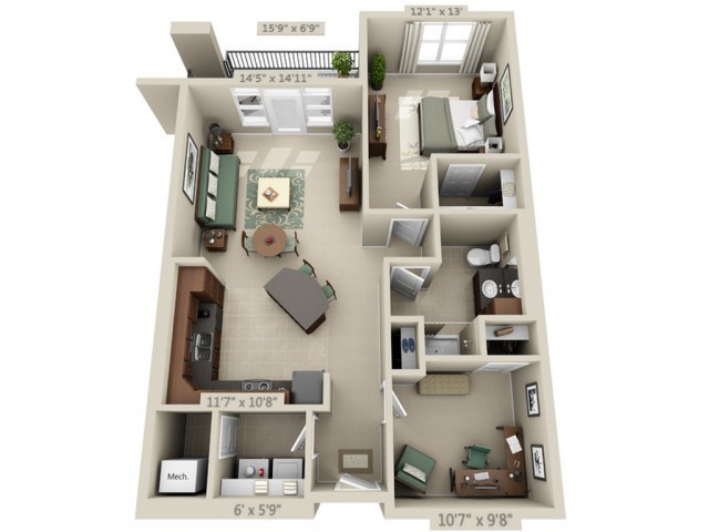 A 3D floor plan of a modern two-bedroom apartment featuring a spacious living area, kitchen, and bathroom.