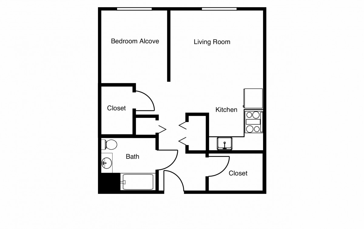 A simple floor plan of a one-bedroom apartment showing the layout of rooms and closets.