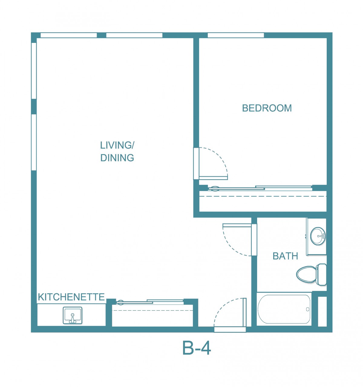 A floor plan of a one-bedroom apartment featuring a living/dining area, kitchenette, bathroom, and bedroom.