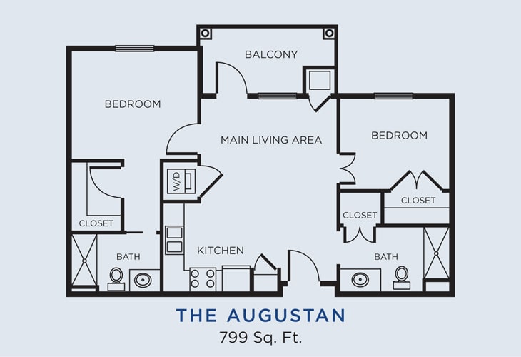 Floor plan of The Augustan, a 799 sq. ft. apartment featuring two bedrooms, two bathrooms, a kitchen, main living area, and a balcony.