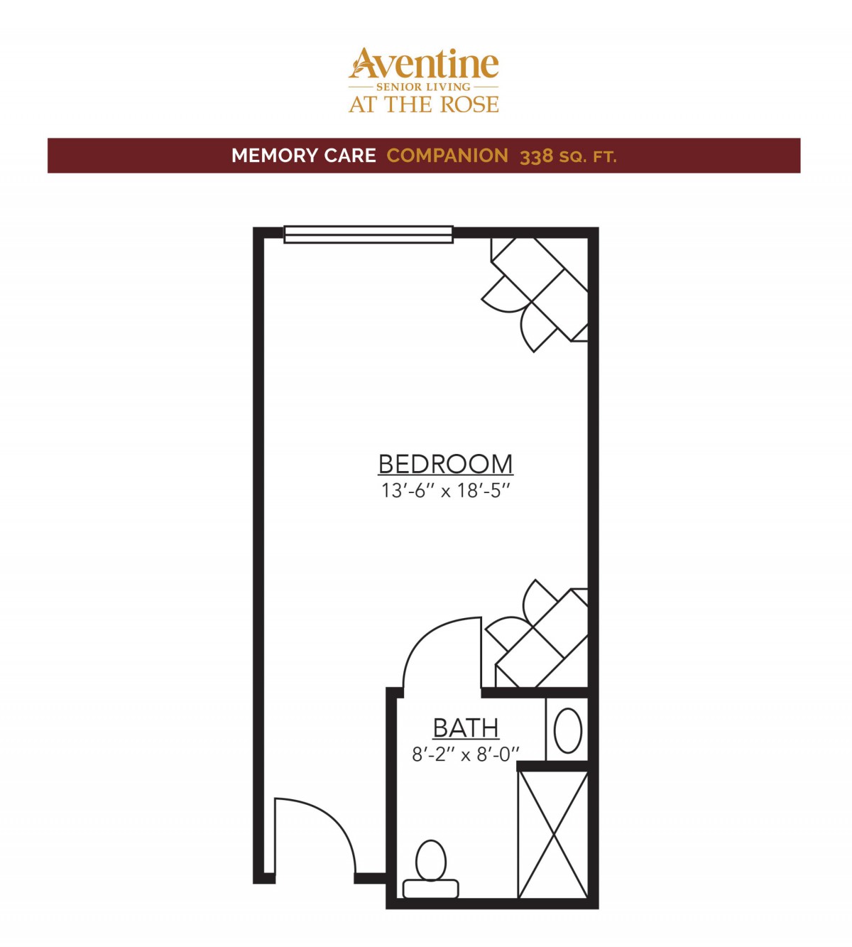 Floor plan of a memory care unit featuring a bedroom and bathroom.