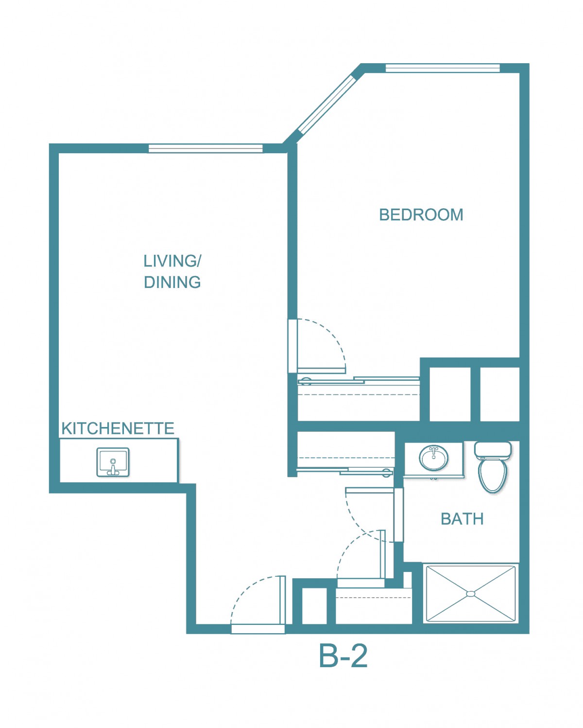 A floor plan of a one-bedroom apartment with a kitchenette, living/dining area, and bathroom.