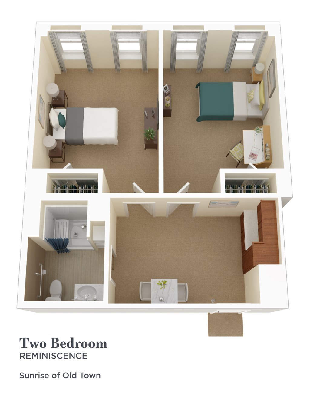 A floor plan of a two-bedroom apartment with a bathroom and living area.