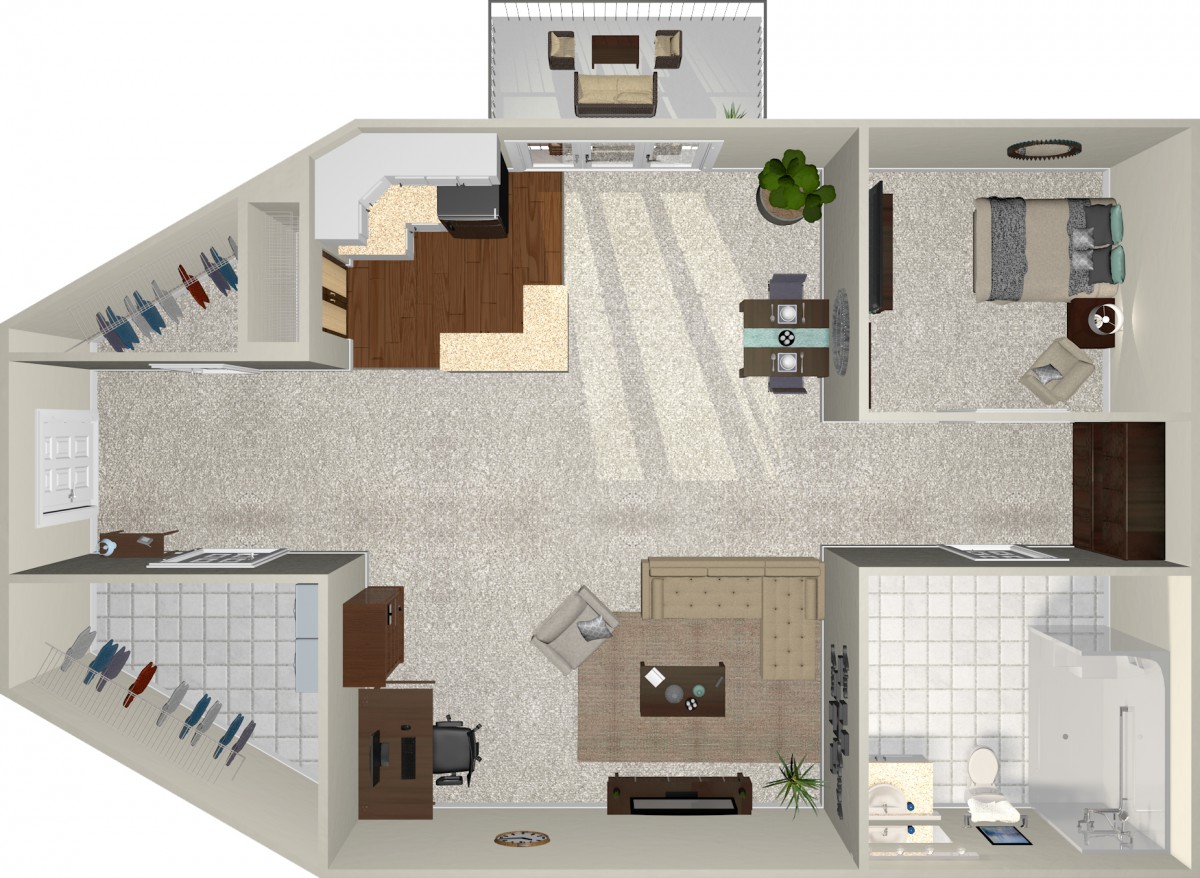 A 3D rendered floor plan of an apartment showing the layout and furniture arrangement.