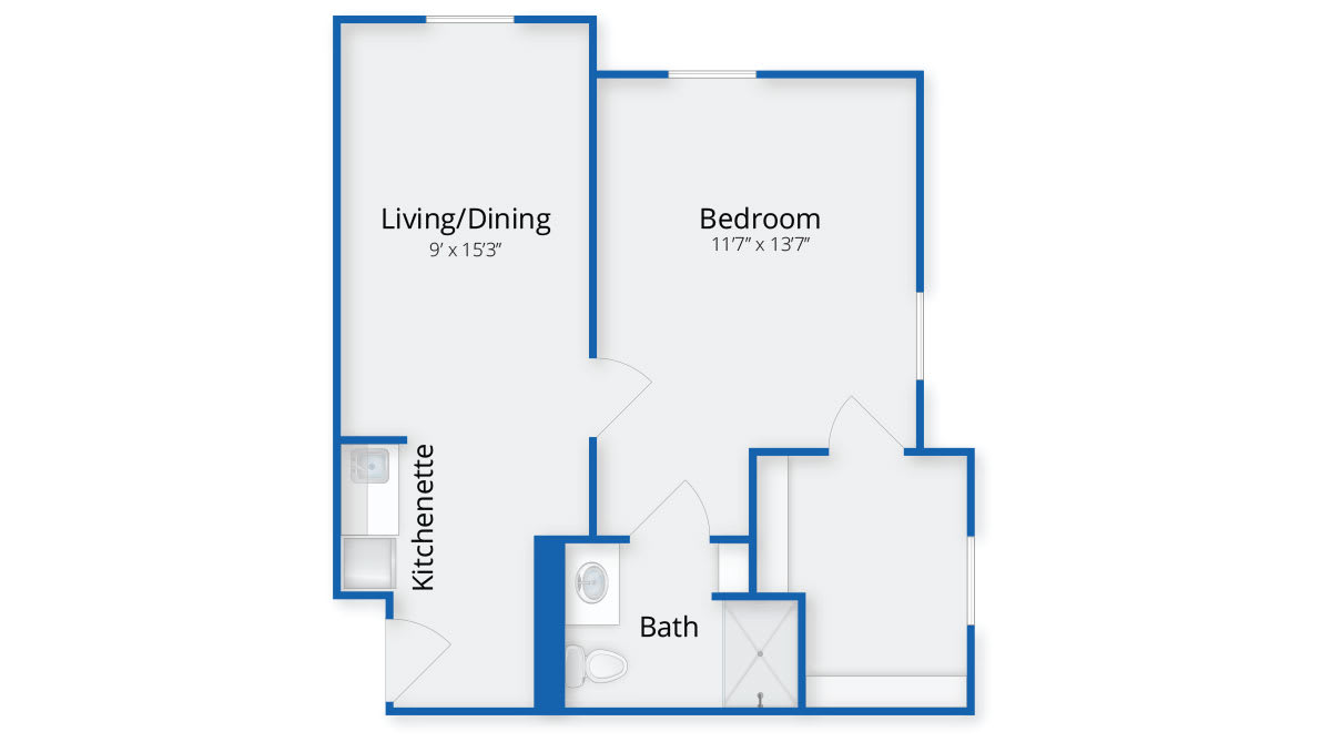 A floor plan of a one-bedroom apartment featuring a living/dining area, kitchen, bathroom, and bedroom.