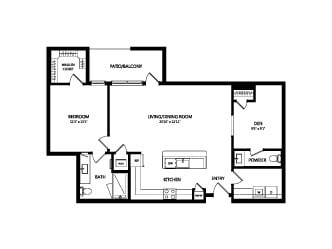 A floor plan of an apartment featuring one bedroom, a living/dining room, kitchen, den, and bathroom.