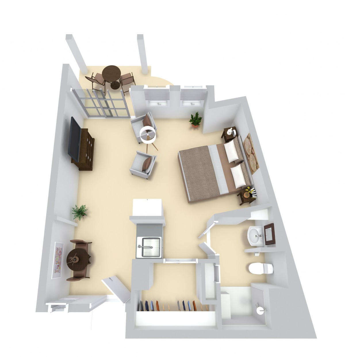 3D rendering of a studio apartment floor plan showcasing a combined living, bedroom, and kitchen area.