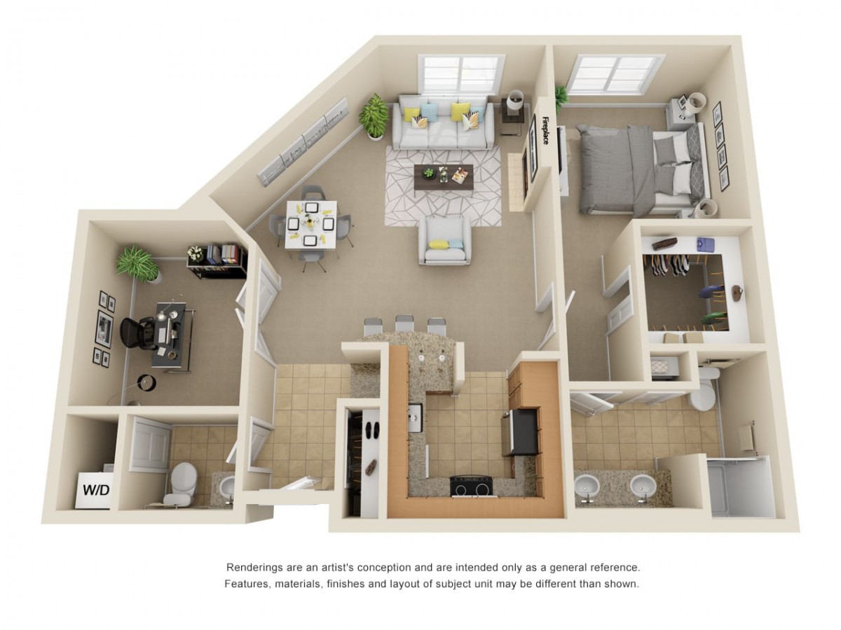 A 3D floor plan of a two-bedroom apartment featuring a spacious living area, kitchen, and bathroom.