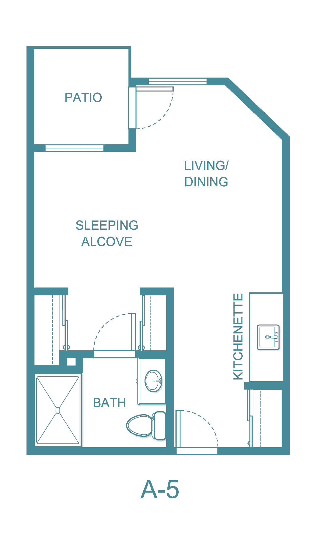 Studio apartment floor plan with a sleeping alcove, living/dining area, kitchenette, and bathroom.