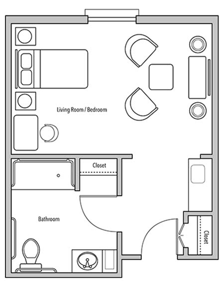 A floor plan of a studio apartment featuring a living/sleeping area, bathroom, and closet.