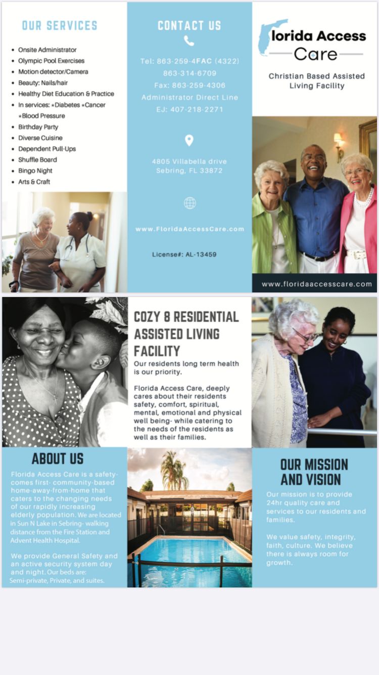 A brochure for City B Residential Assisted Living Facility, highlighting their services and mission.