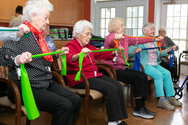 A group of elderly women performing exercises with resistance bands indoors.