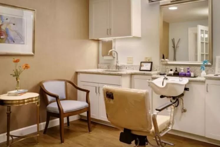 A cozy beauty salon setup with a styling chair, mirror, and sink.