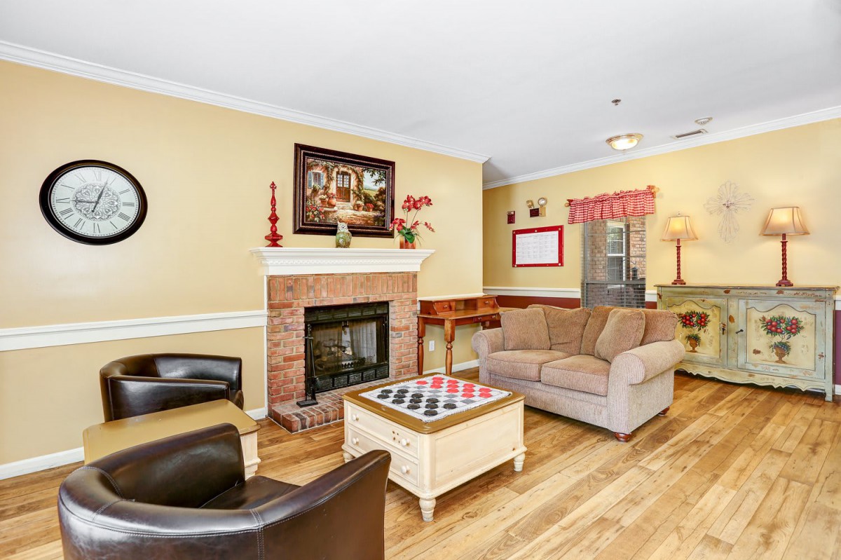 A cozy living room with a fireplace, comfortable seating, and stylish decor.