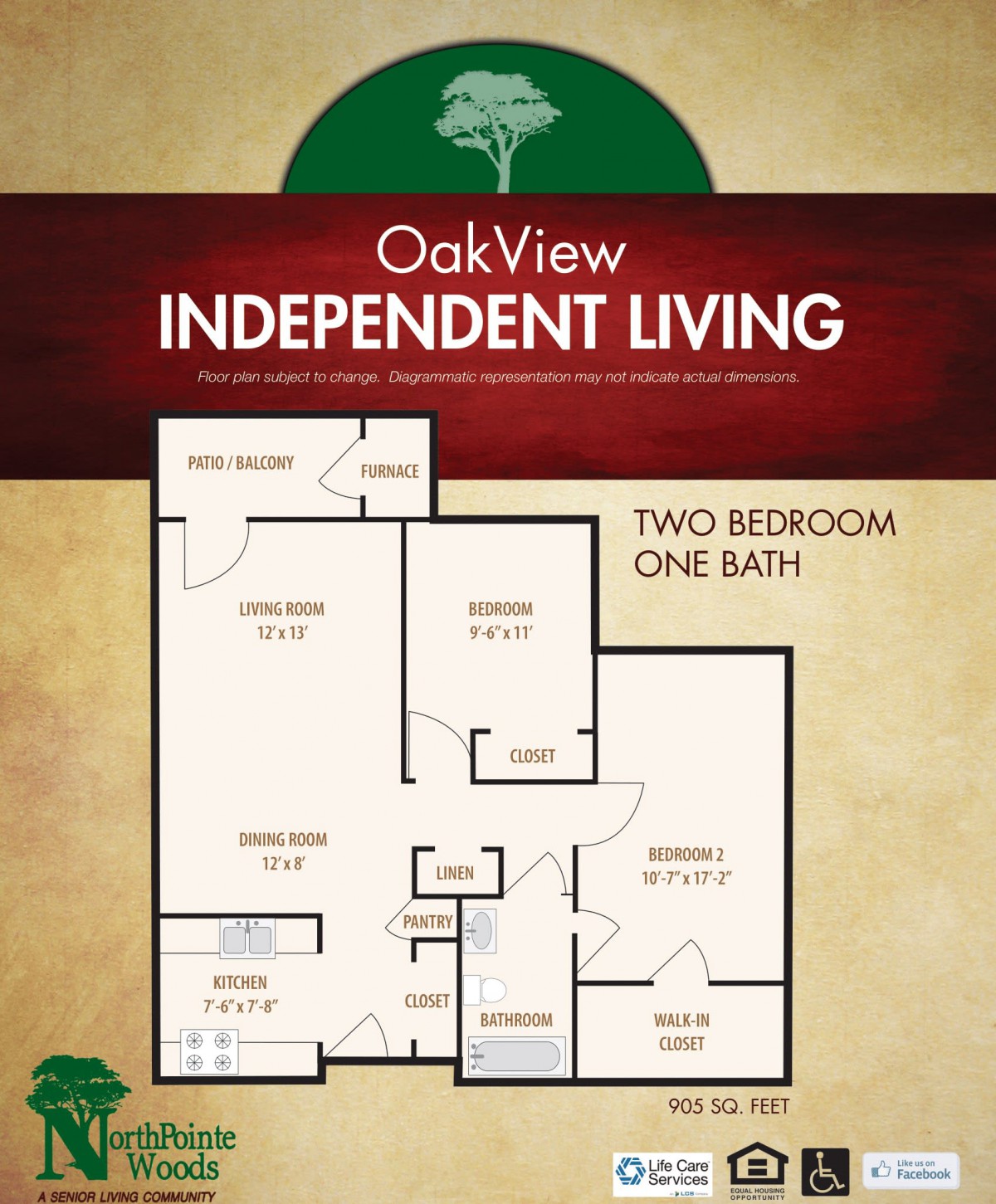 Floor plan for OakView Independent Living featuring a two-bedroom, one-bath apartment layout.