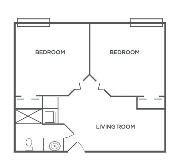 Basic floor plan featuring two bedrooms, a living room, and a bathroom.
