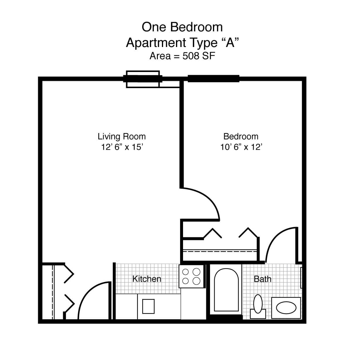 A floor plan of a one-bedroom apartment with dimensions labeled.