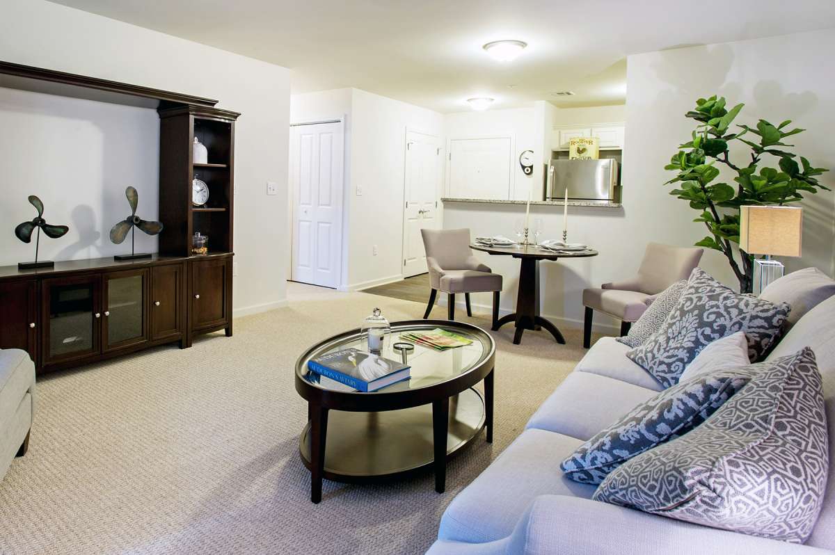 A cozy and well-decorated living room with a view of the dining area and kitchen.