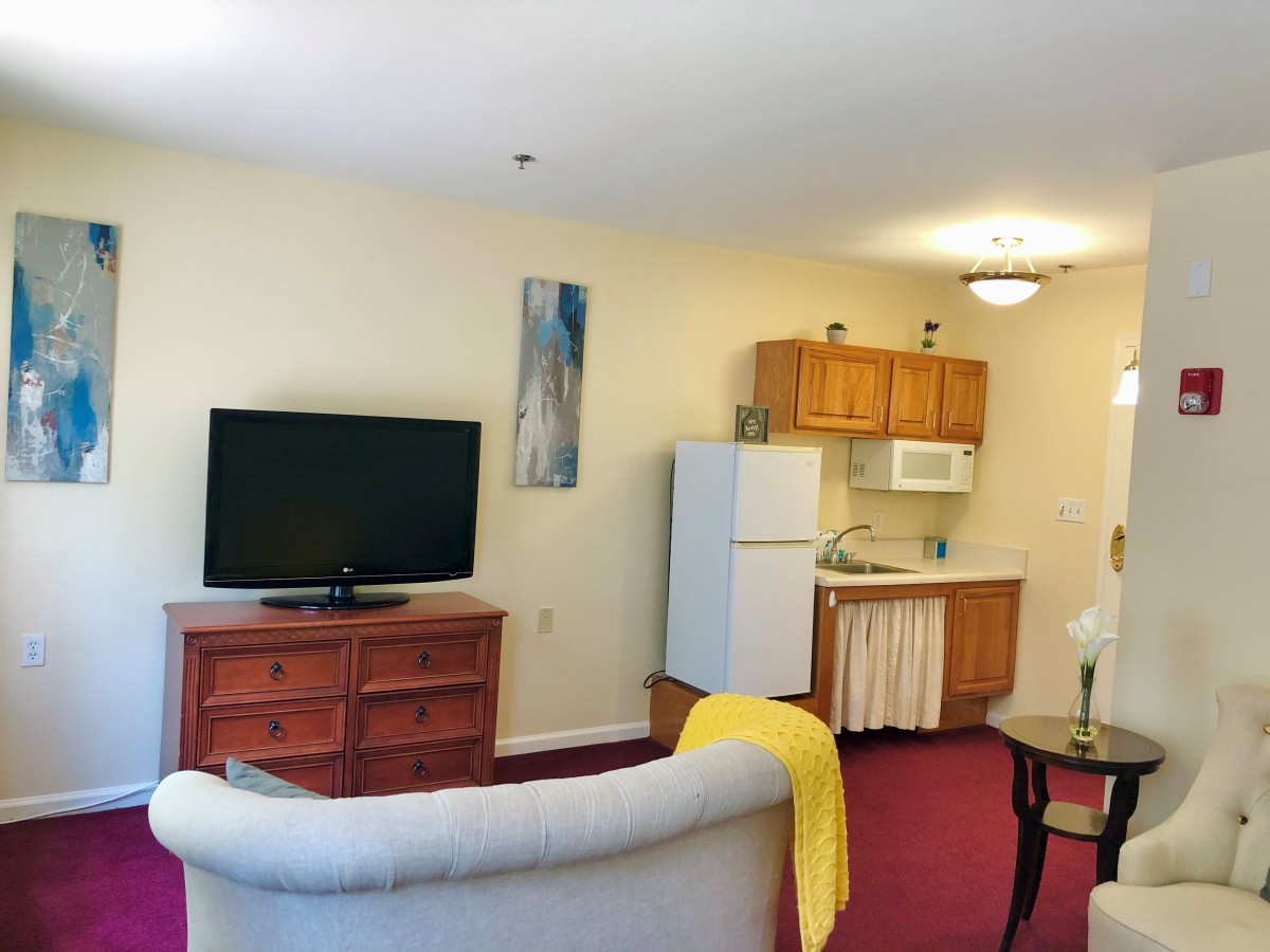 A cozy living space featuring a small kitchenette and comfortable seating area.