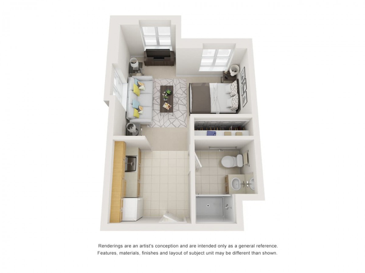 A 3D floor plan of a one-bedroom apartment showing the kitchen, living area, bedroom, and bathroom.