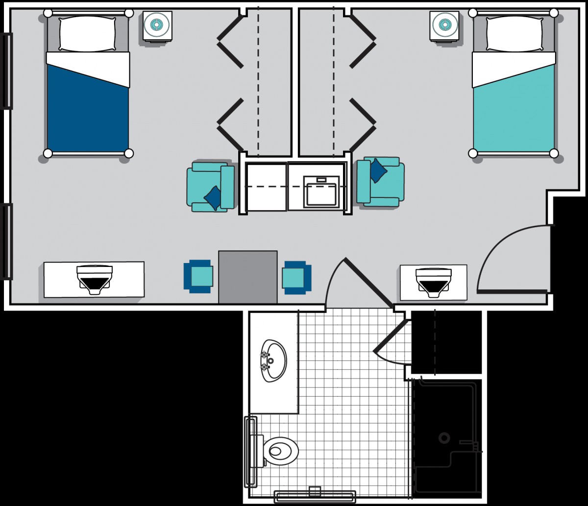 A floor plan of a room with two twin beds, a shared bathroom, and organized furniture.