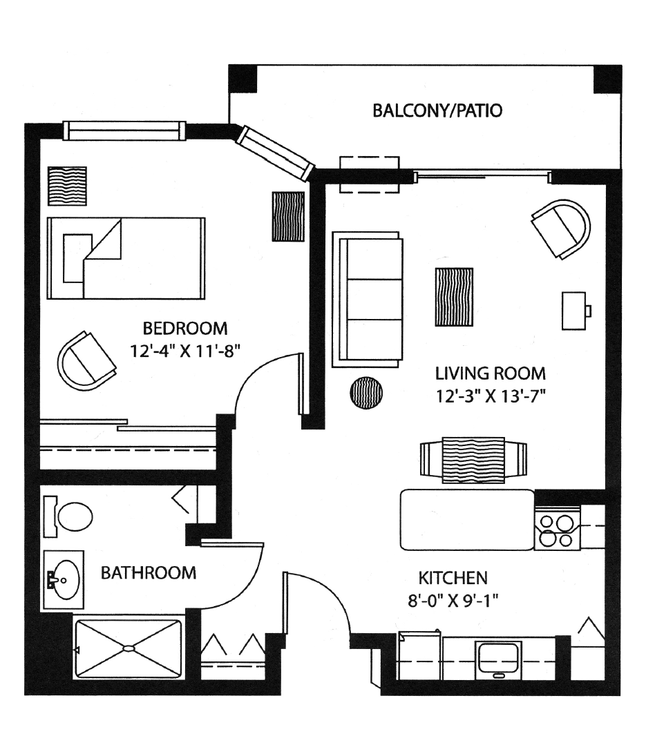 A floor plan of a one-bedroom apartment with a living room, kitchen, bathroom, and balcony.