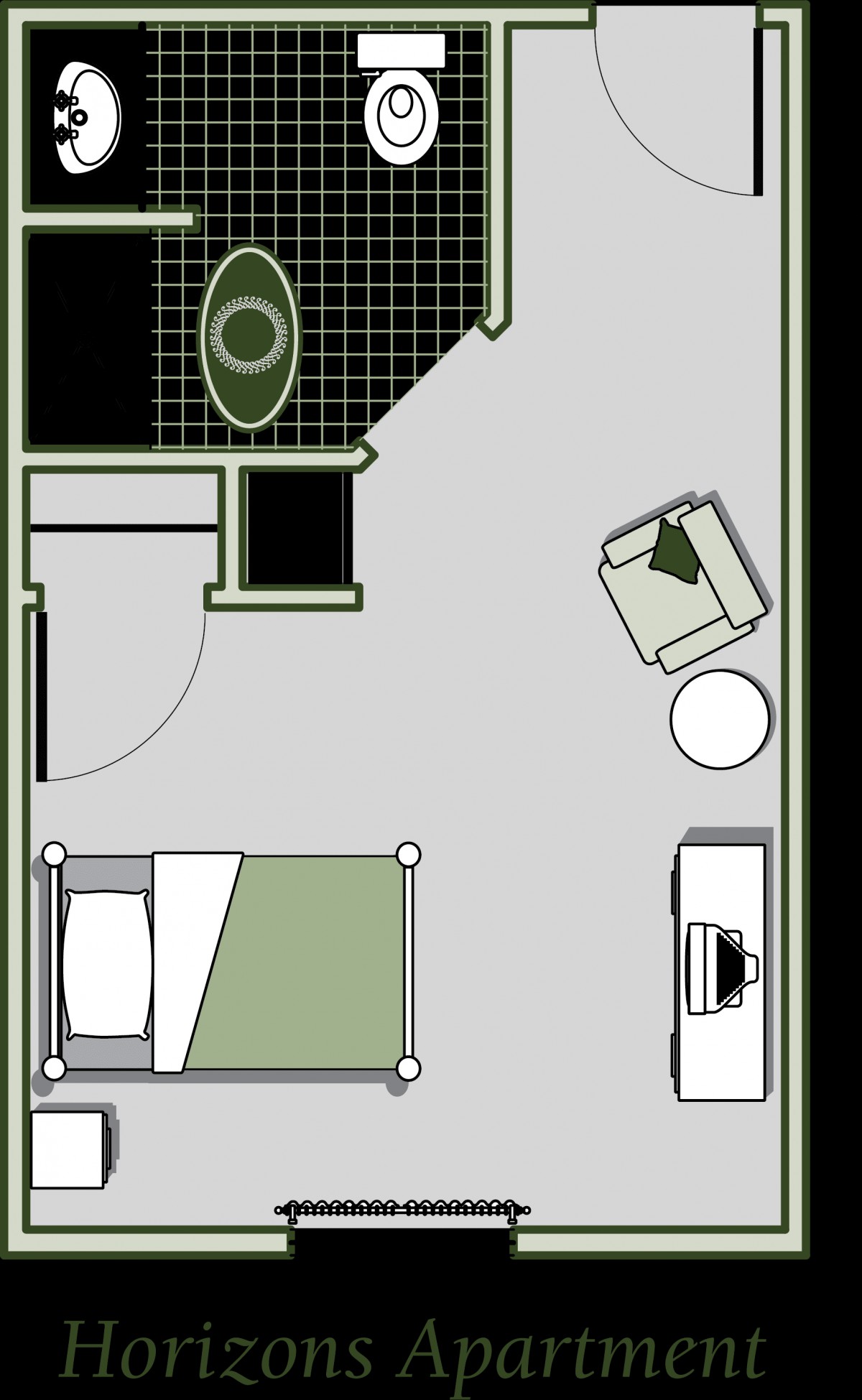 A floor plan depicting a small bedroom layout with a bed, chair, table, and bathroom.