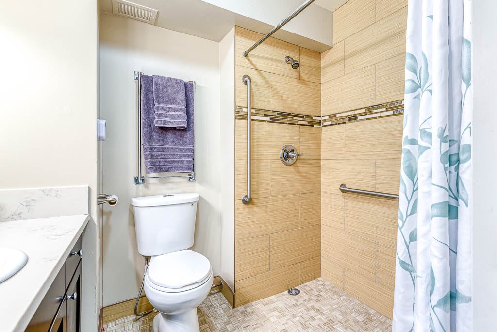 An accessible bathroom with a shower, toilet, and grab bars.