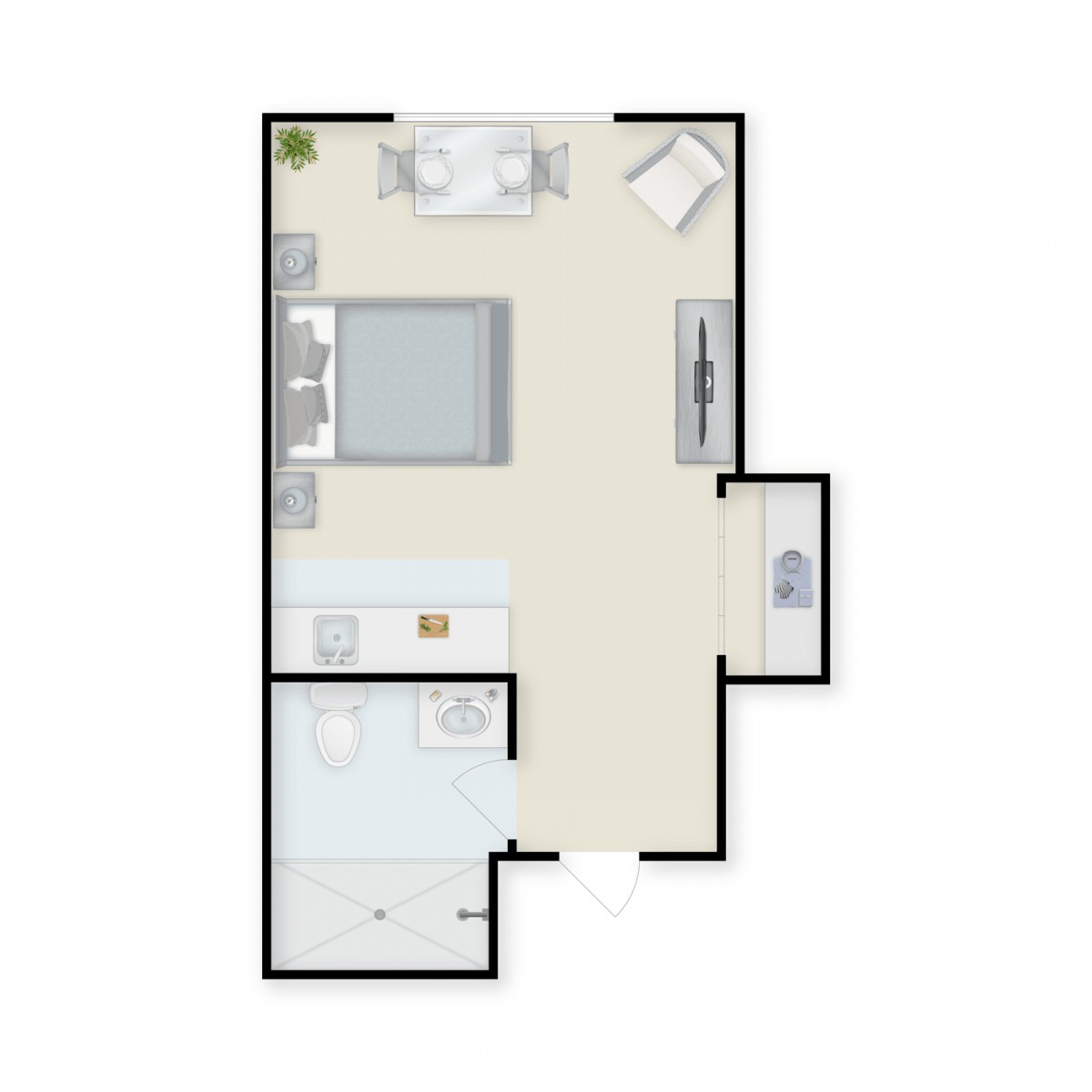 A simplified floor plan of a one-bedroom apartment.