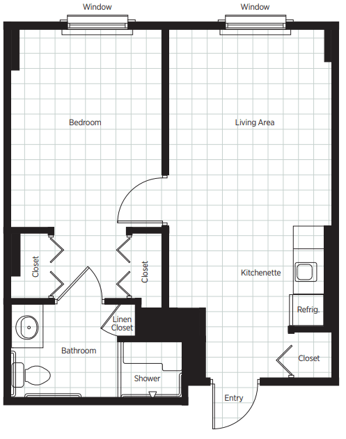 A floor plan of a one-bedroom apartment with labeled areas including the living area, kitchen, bathroom, and closet.