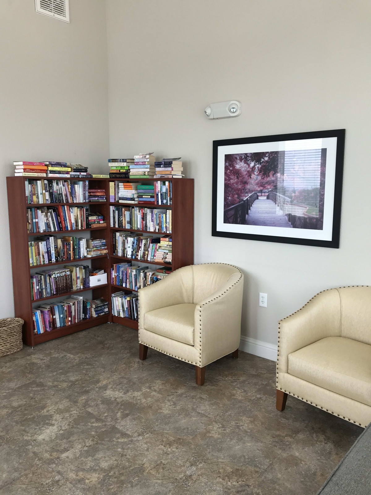 Cozy reading corner with a bookshelf and comfortable chairs.