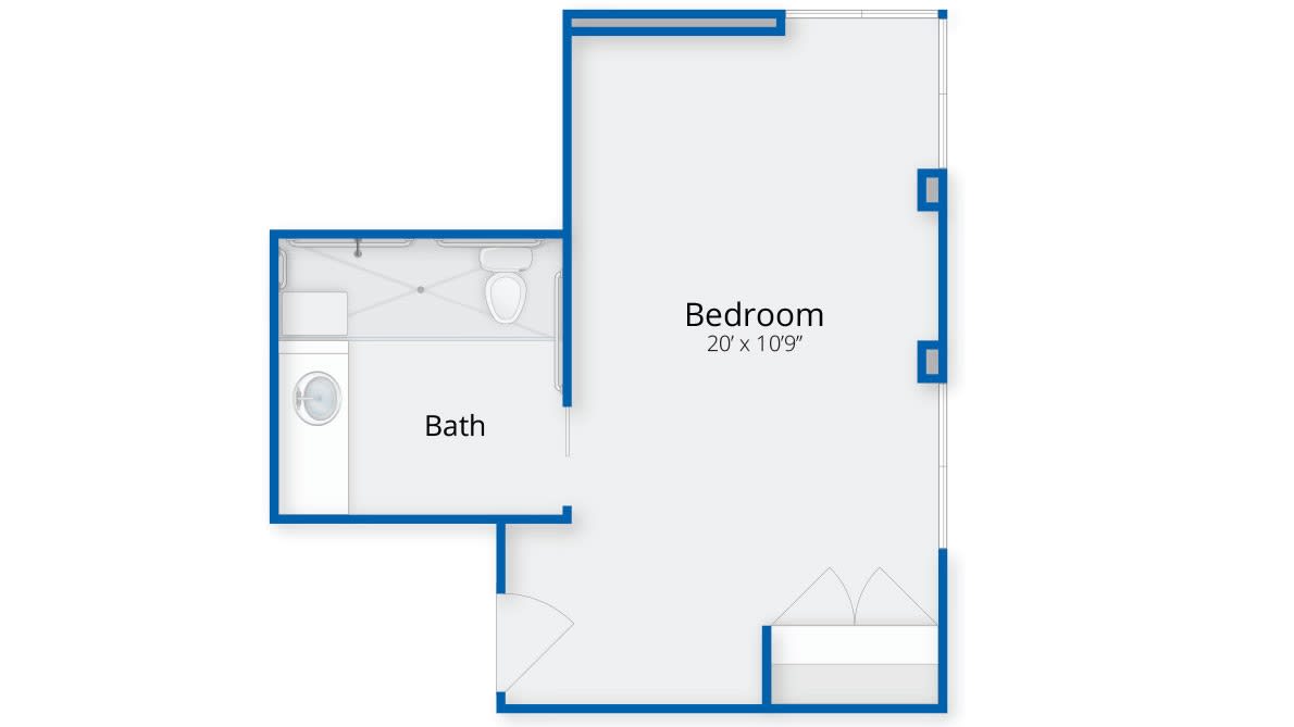 A simple floor plan showing a bedroom and bathroom layout.