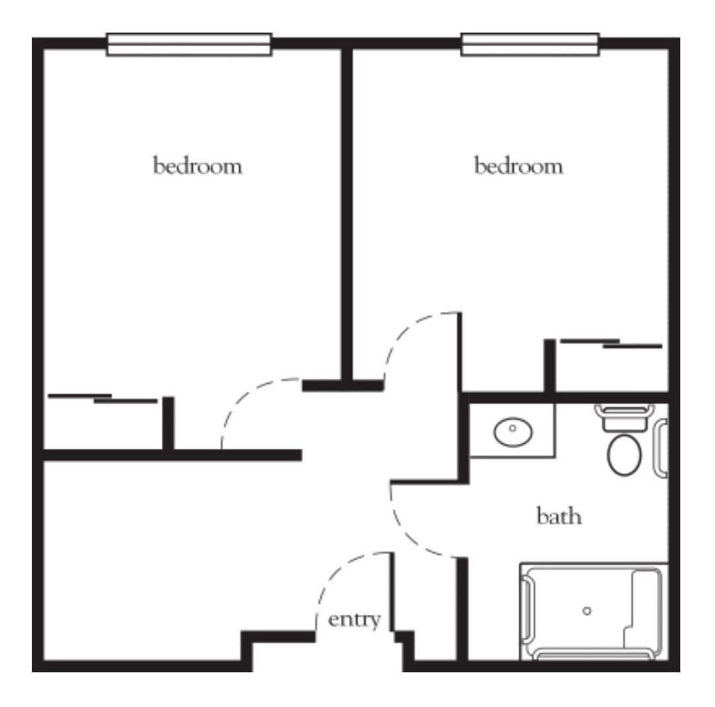 A simple floor plan featuring two bedrooms, a bathroom, and an entryway.