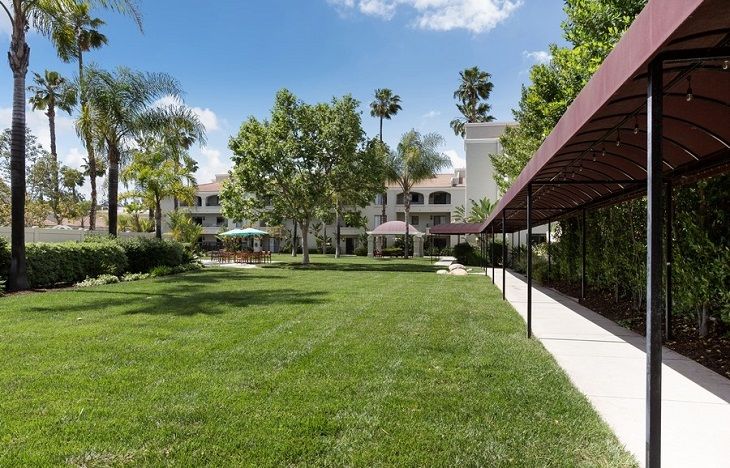 A scenic view of a building surrounded by lush greenery and palm trees on a sunny day.