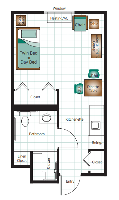 A studio apartment layout with a kitchenette, bathroom, closet, and combined living/sleeping area.