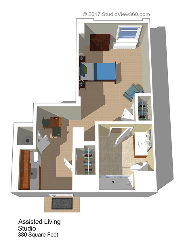 A 3D floor plan of a one-bedroom apartment, featuring a living area, kitchen, bedroom, and bathroom.