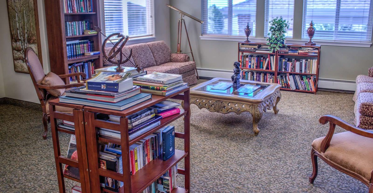 A cozy living room with bookshelves filled with books and comfortable furniture.
