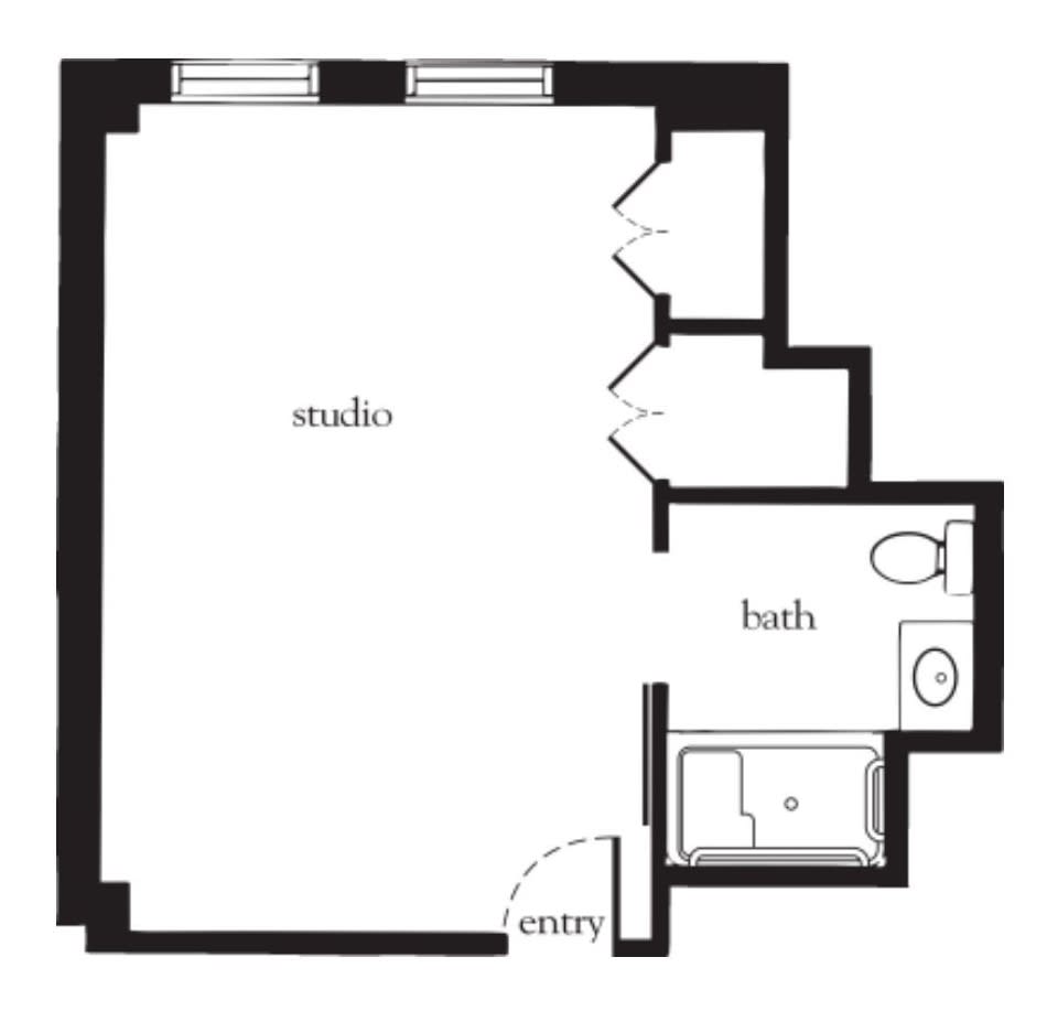 Floor plan of a studio apartment showing a combined living space and bathroom.