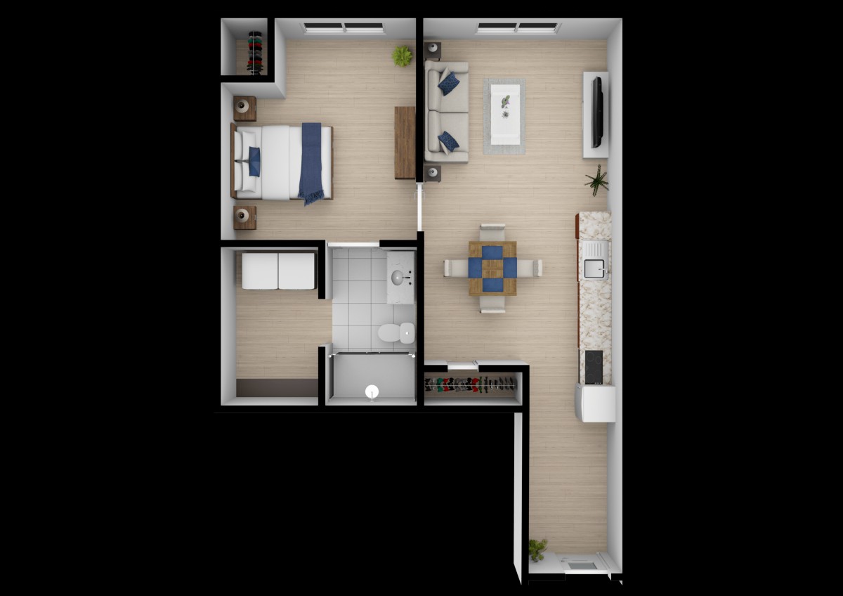 A floor plan of a one-bedroom apartment featuring a living room, kitchen, and bathroom.