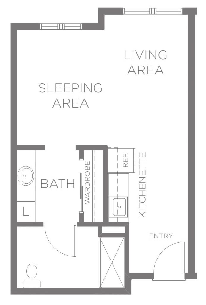 Studio apartment floor plan with designated areas for living, sleeping, bath, and kitchenette.