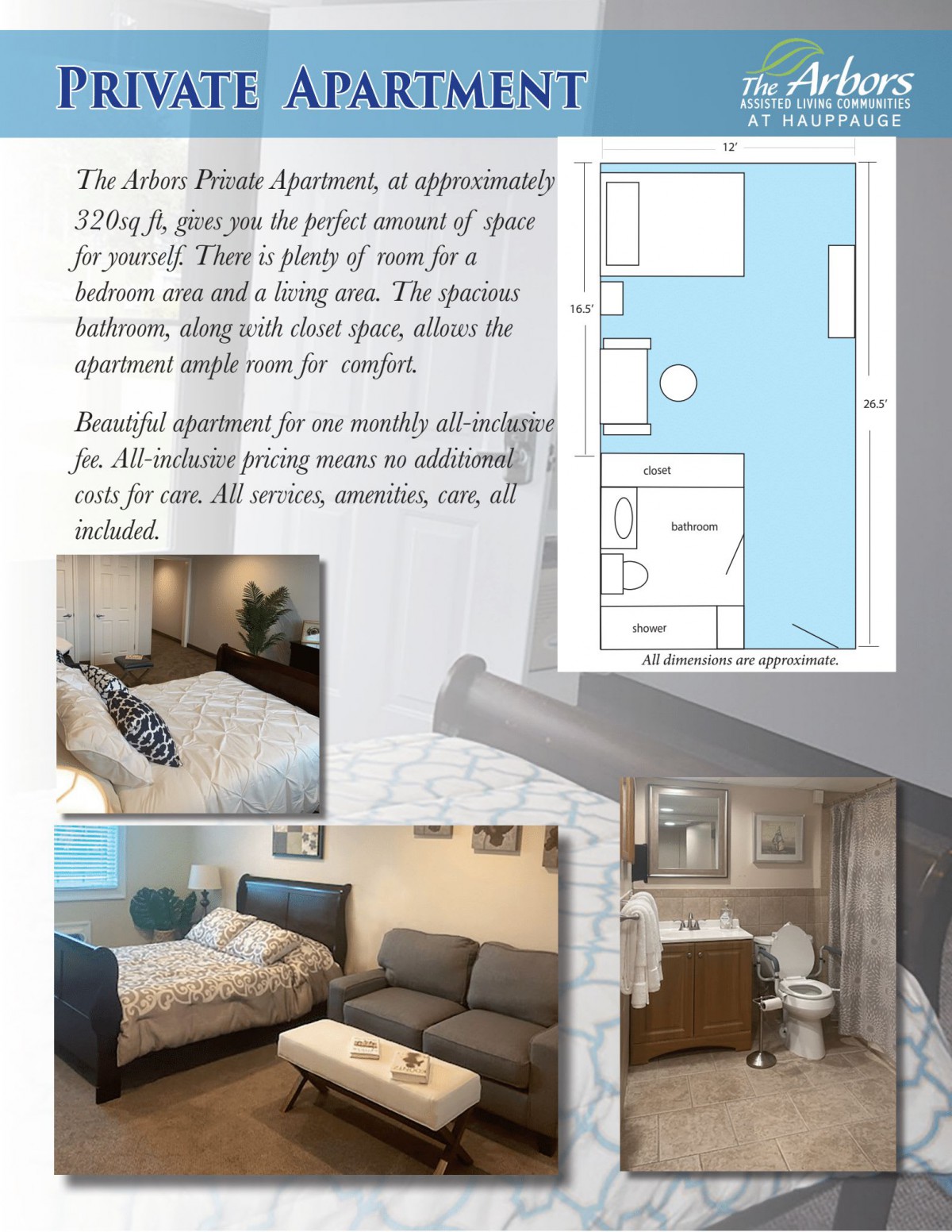 Brochure for a Deluxe Private Apartment featuring floor plan and room design.