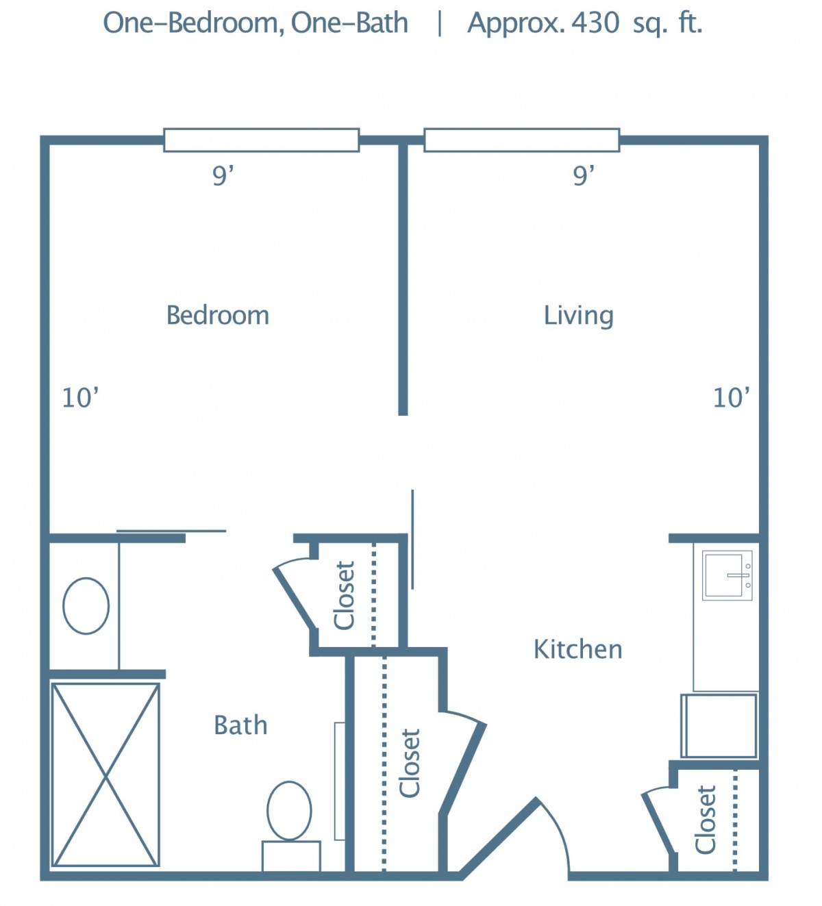 A simple floor plan of a one-bedroom apartment with designated living, kitchen, and bathroom areas.