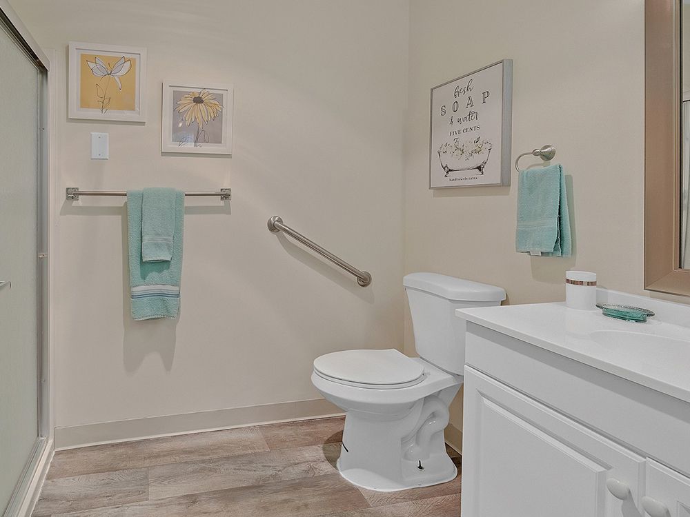 A neatly organized bathroom with pastel-colored towels, a grab bar, and artwork on the walls.