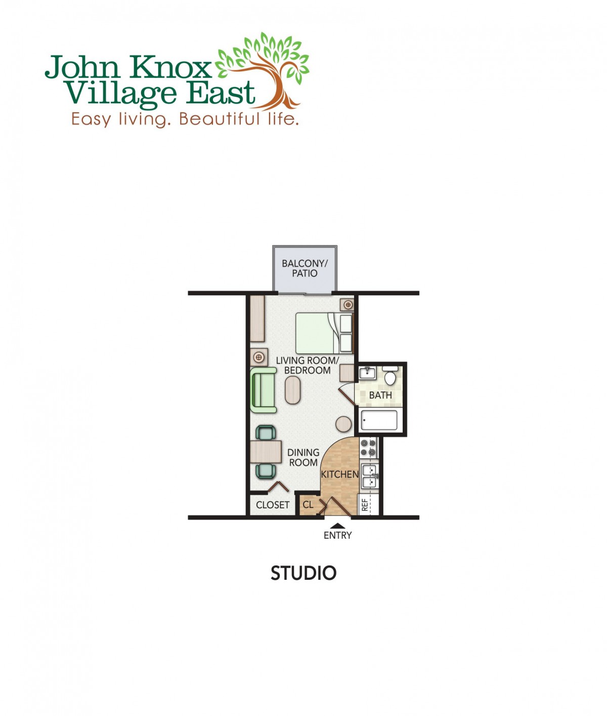 Studio apartment floor plan for John Knox Village East.