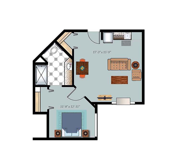 A simple one-bedroom apartment floor plan with a living area, kitchen, and bathroom.