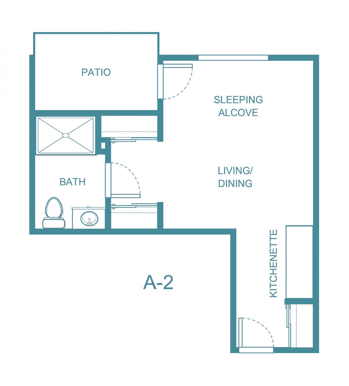 A floor plan of a studio apartment featuring a sleeping alcove, living/dining area, bathroom, and patio.