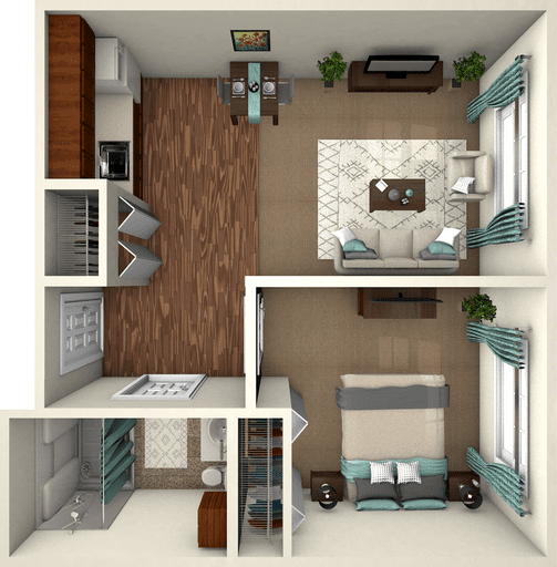 This is a top-down view of a one-bedroom apartment layout featuring a living room, kitchen, bathroom, and bedroom.